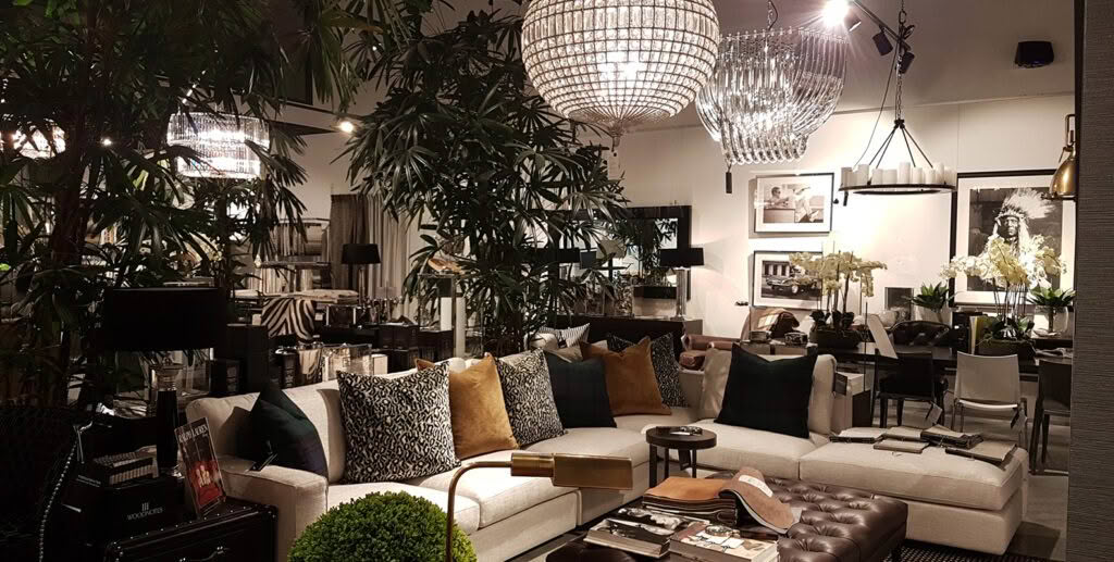 Elegant interior showroom with furniture and chandeliers