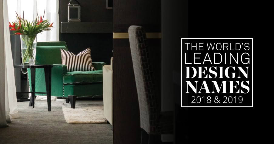 Elegant interior design with green chair and text overlay