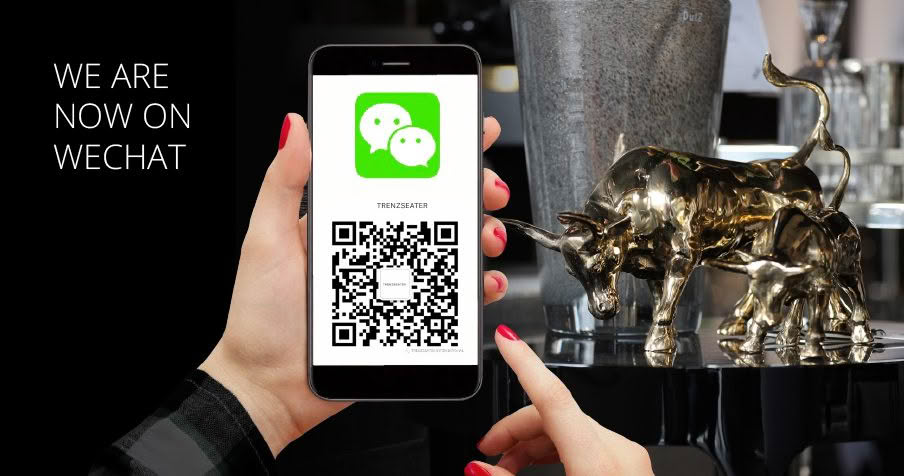 Hand displaying WeChat QR code on phone beside metal bull statue