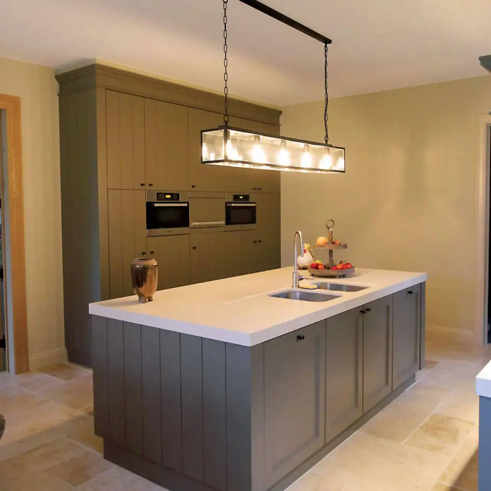 679-3-xlarge Modern kitchen with gray cabinets and pendant lighting