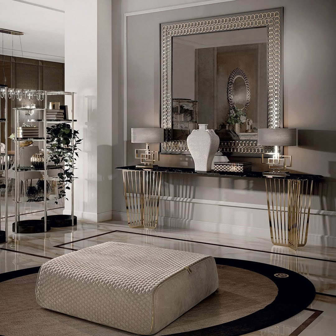 Elegant modern living room with mirrored furniture and decor