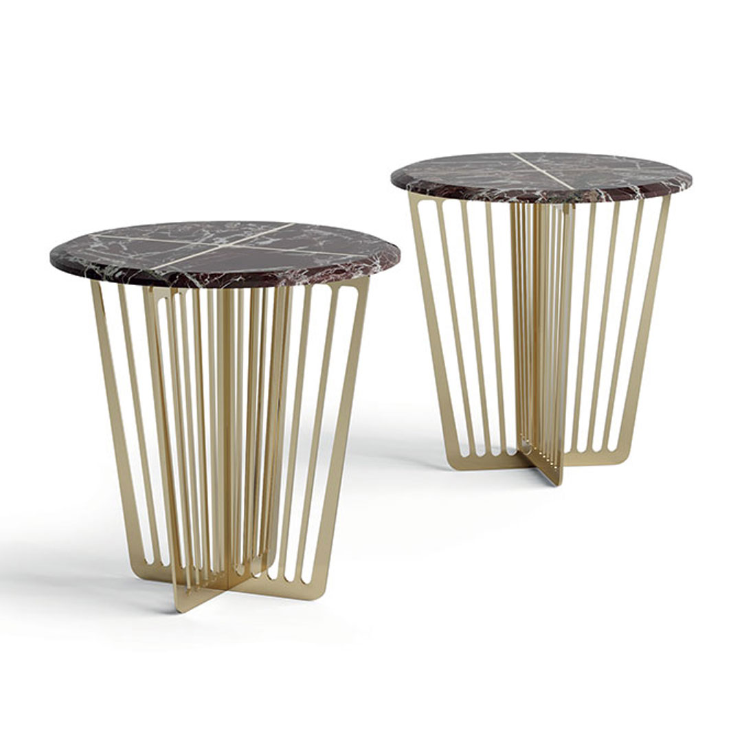 Two elegant marble-top side tables with gold bases