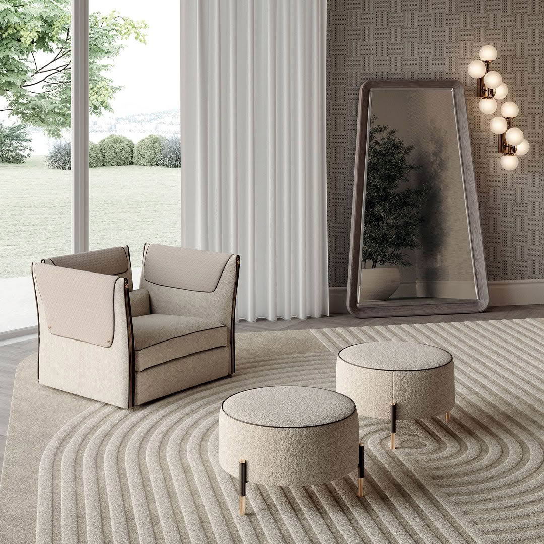 Elegant modern living room with stylish furniture and nature view