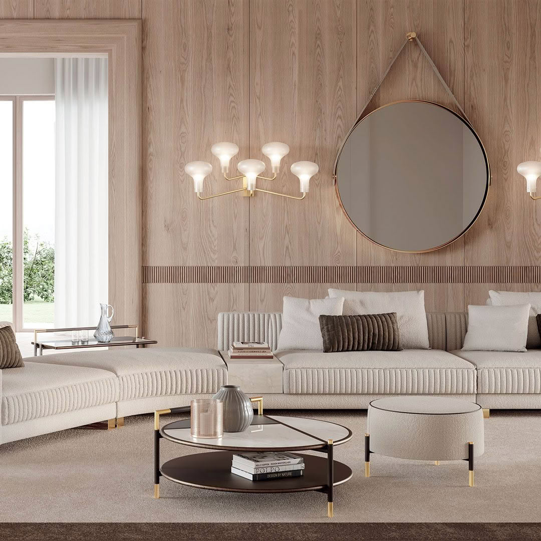 Elegant living room with wooden walls and modern furniture