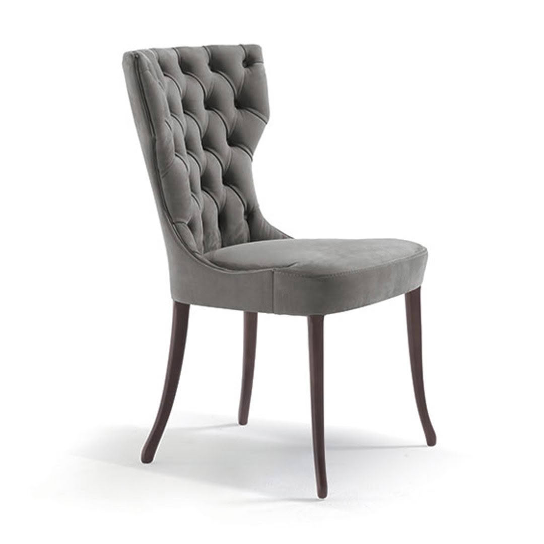 Elegant gray tufted dining chair with wooden legs