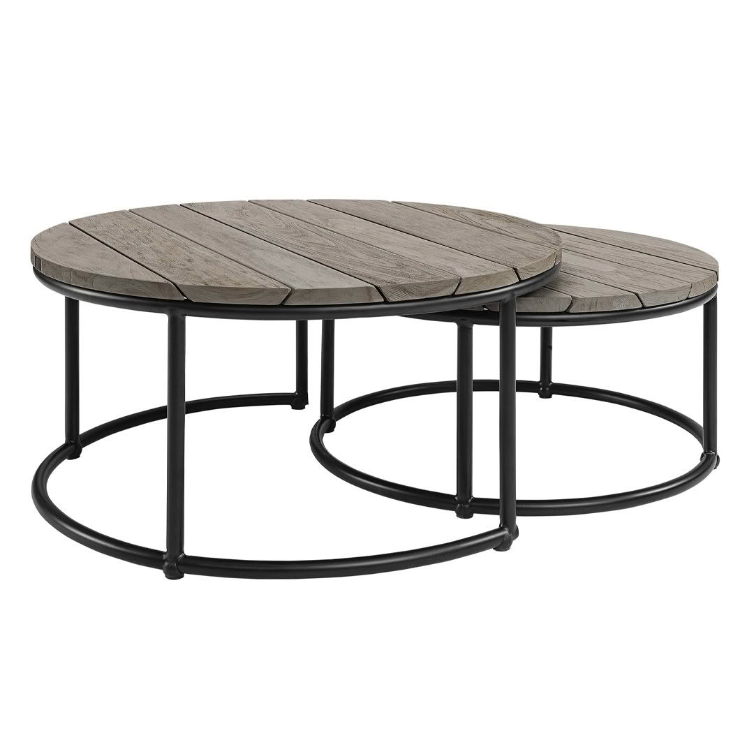 Nested round wooden top coffee tables with metal frames