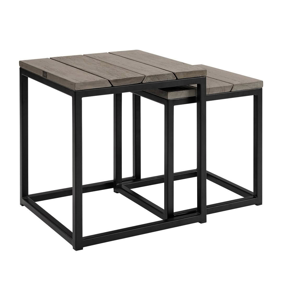 Nested wooden tables with black metal frames