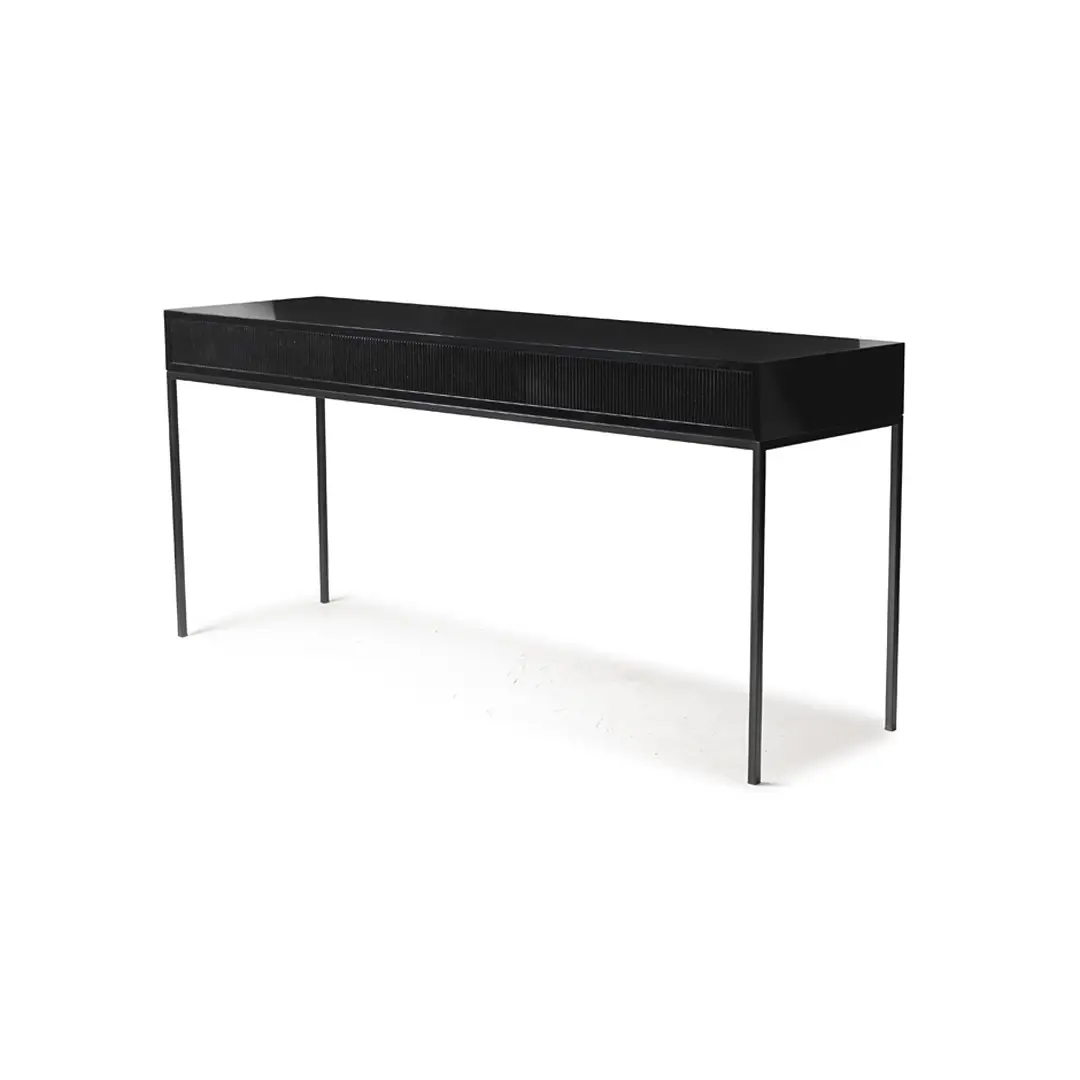 Black modern console table with metal legs isolated