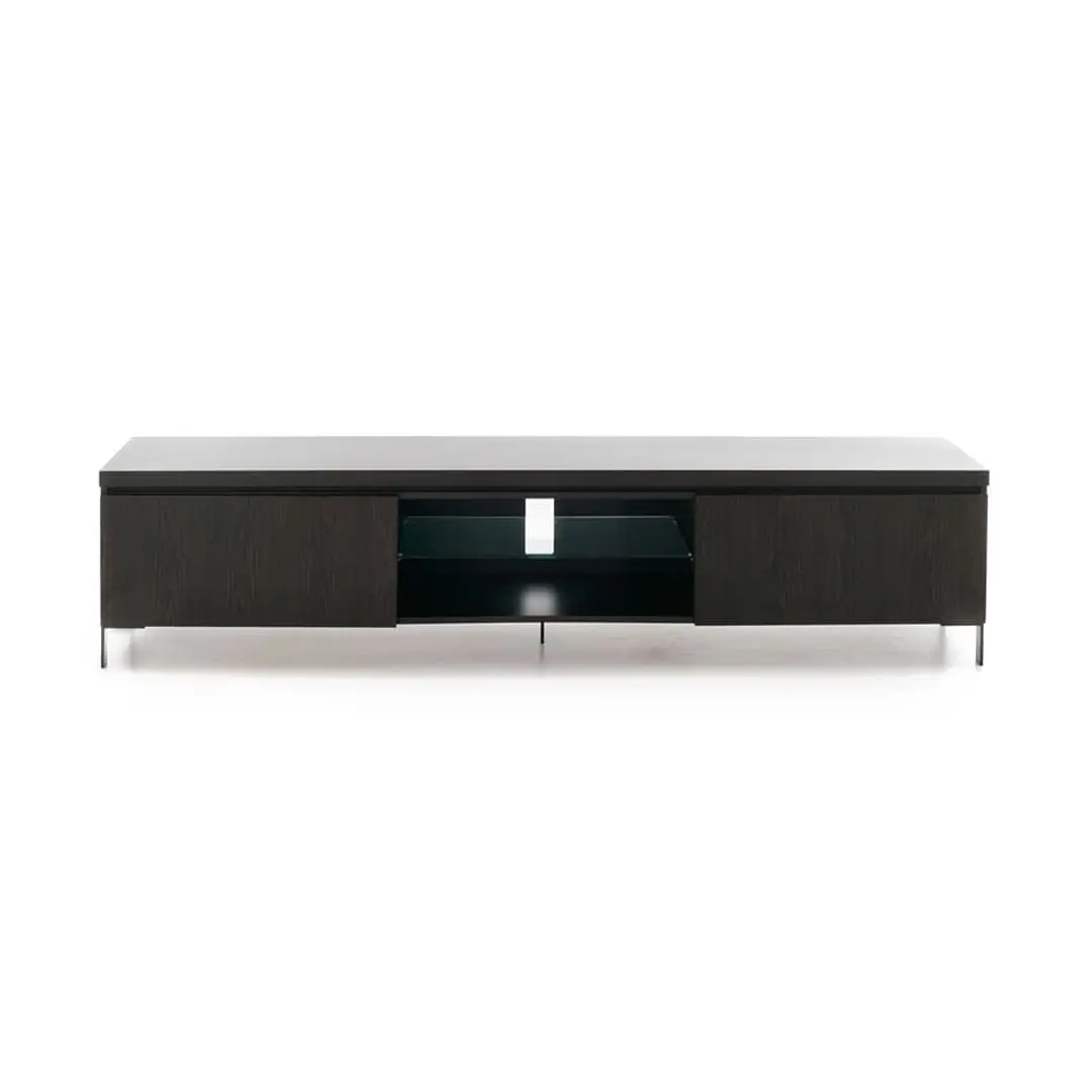 Modern dark wood television stand with shelves