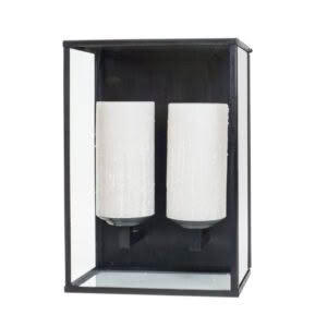 Dual white candles in black glass display case