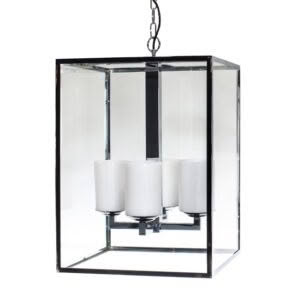 Modern glass chandelier with three white candles