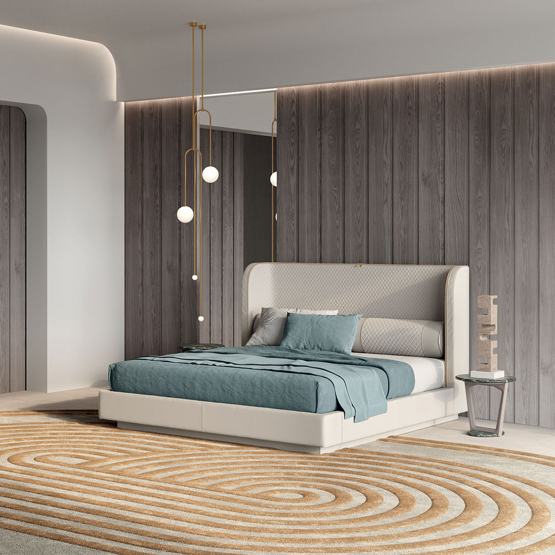 Modern bedroom with teal bedding and wooden accents