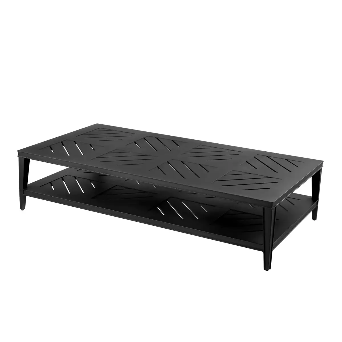 Black coffee table with decorative top and shelf
