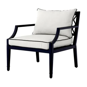 Navy blue armchair with white cushions