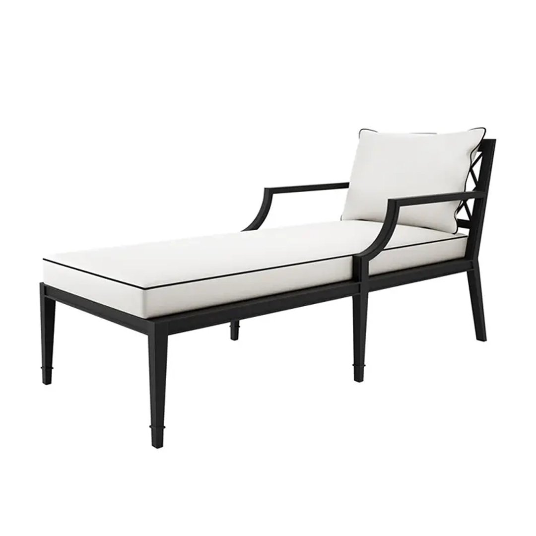 Black modern outdoor chaise lounge with white cushions