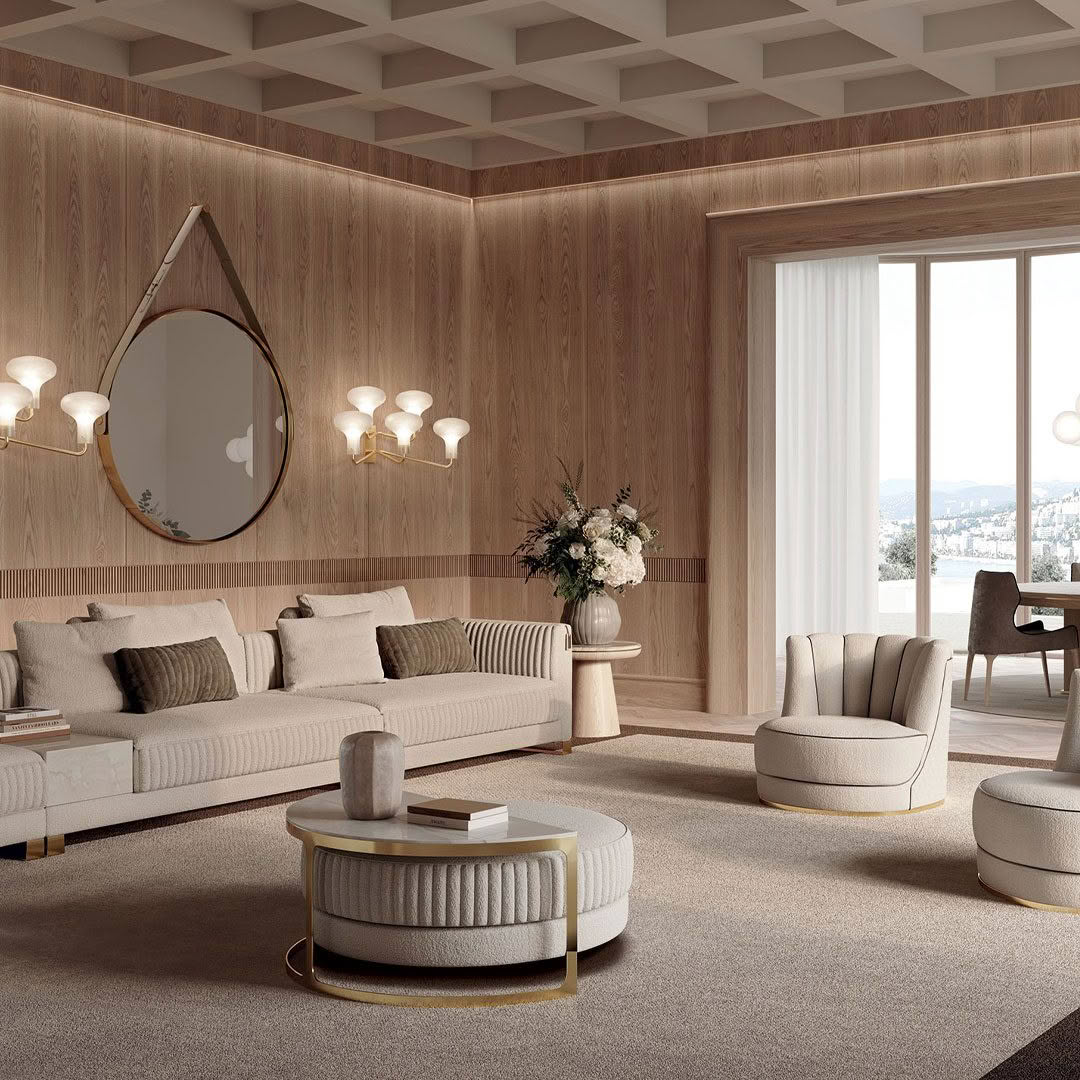 Elegant modern living room with wooden paneling and furniture