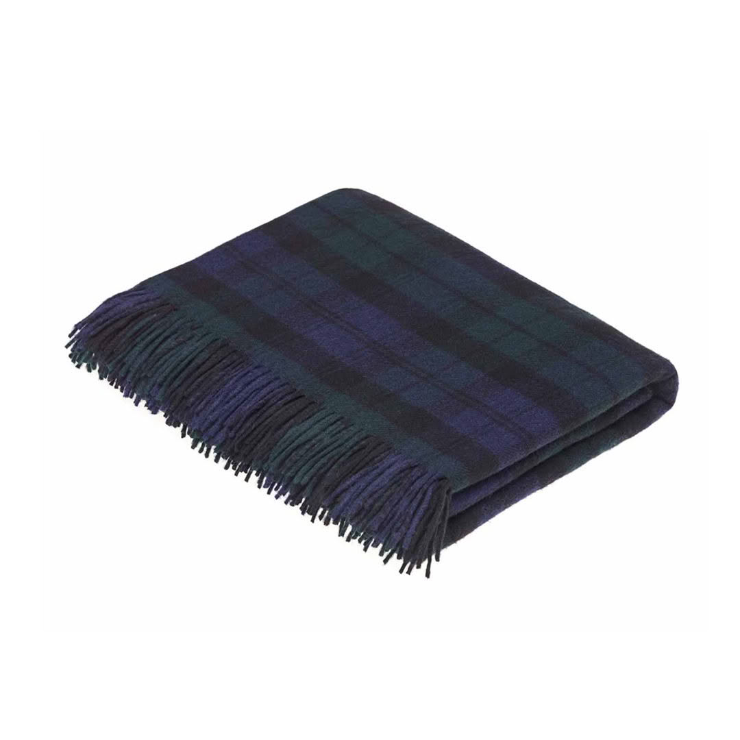 Navy blue tartan wool blanket with fringe