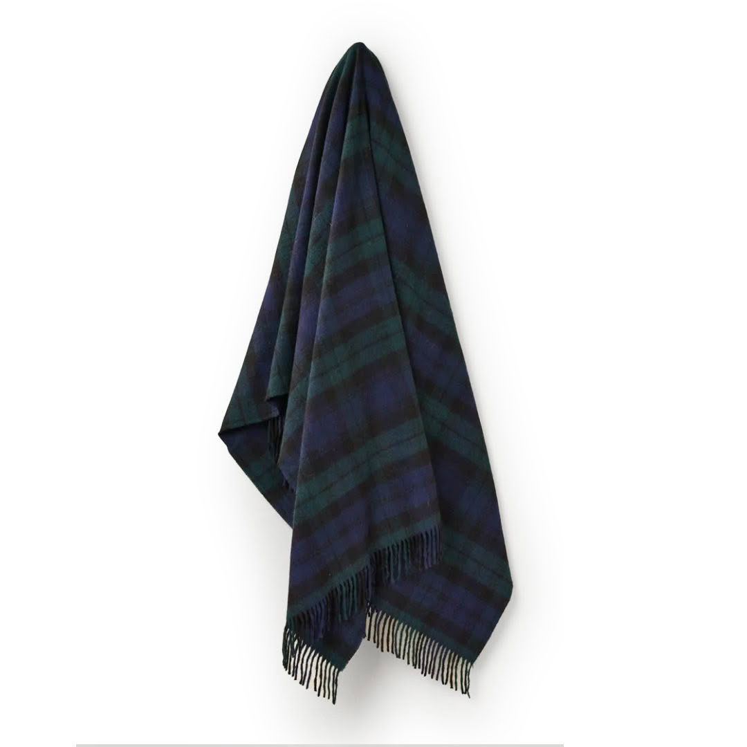 Green and blue plaid scarf with fringe hanging