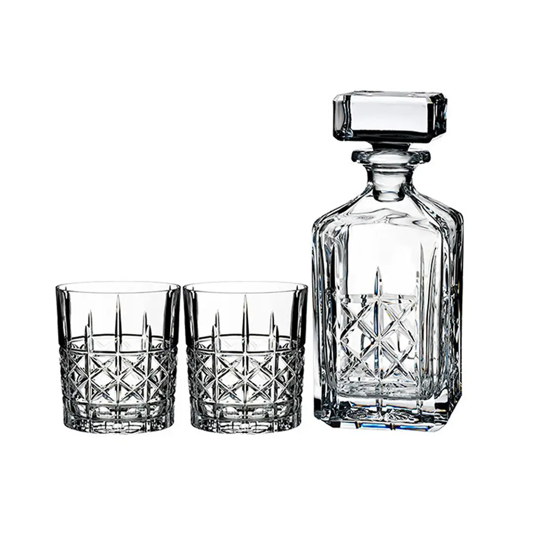 Crystal decanter with two matching whiskey glasses