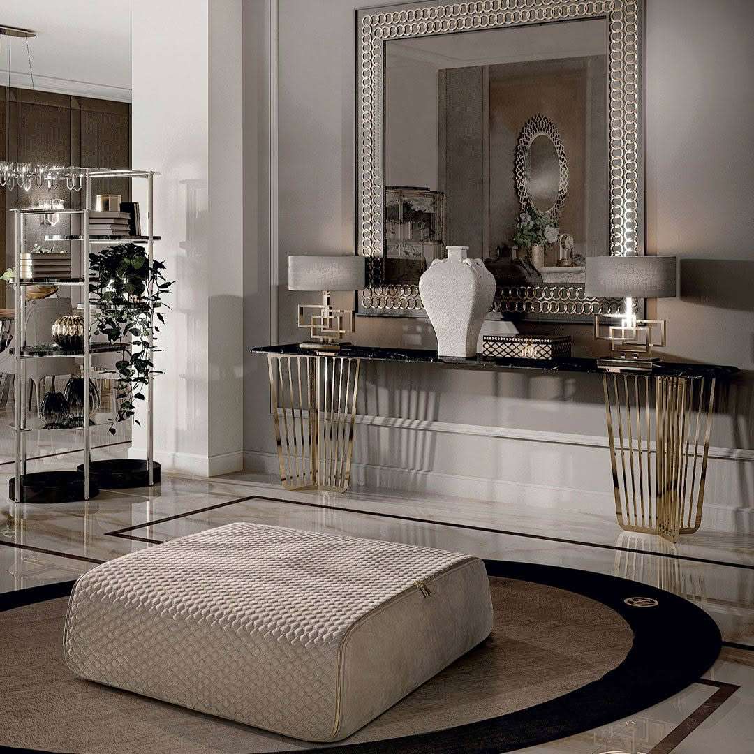 Luxurious modern living room with elegant furniture and mirror