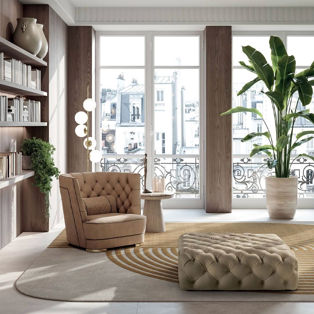 Elegant urban living room with balcony view and plants