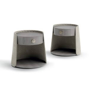 Two gray woven leather storage baskets on white