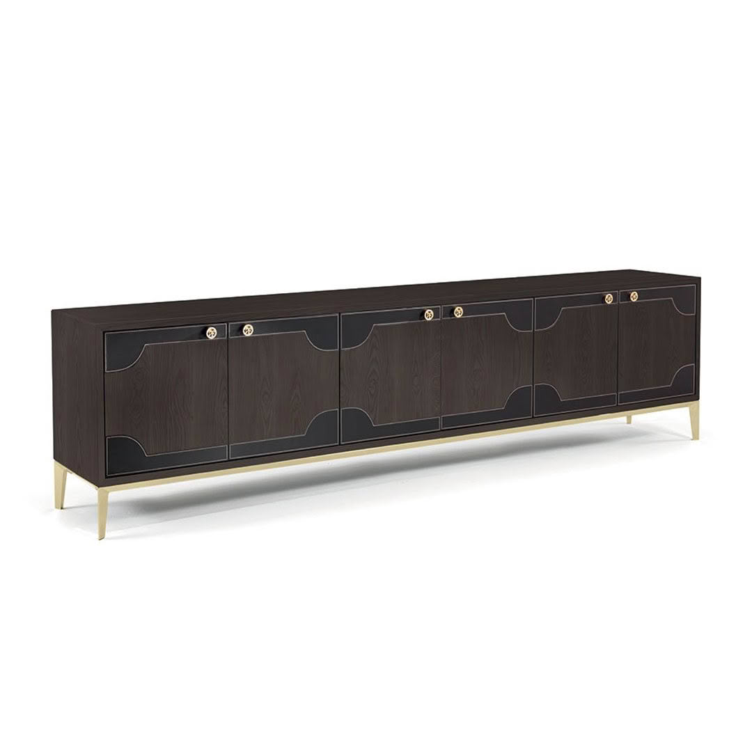 Elegant dark wooden sideboard with gold accents