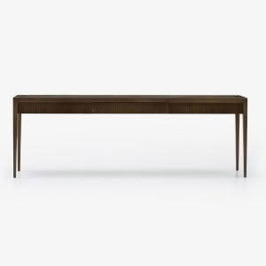 Minimalist wood desk with ribbed drawers on white background
