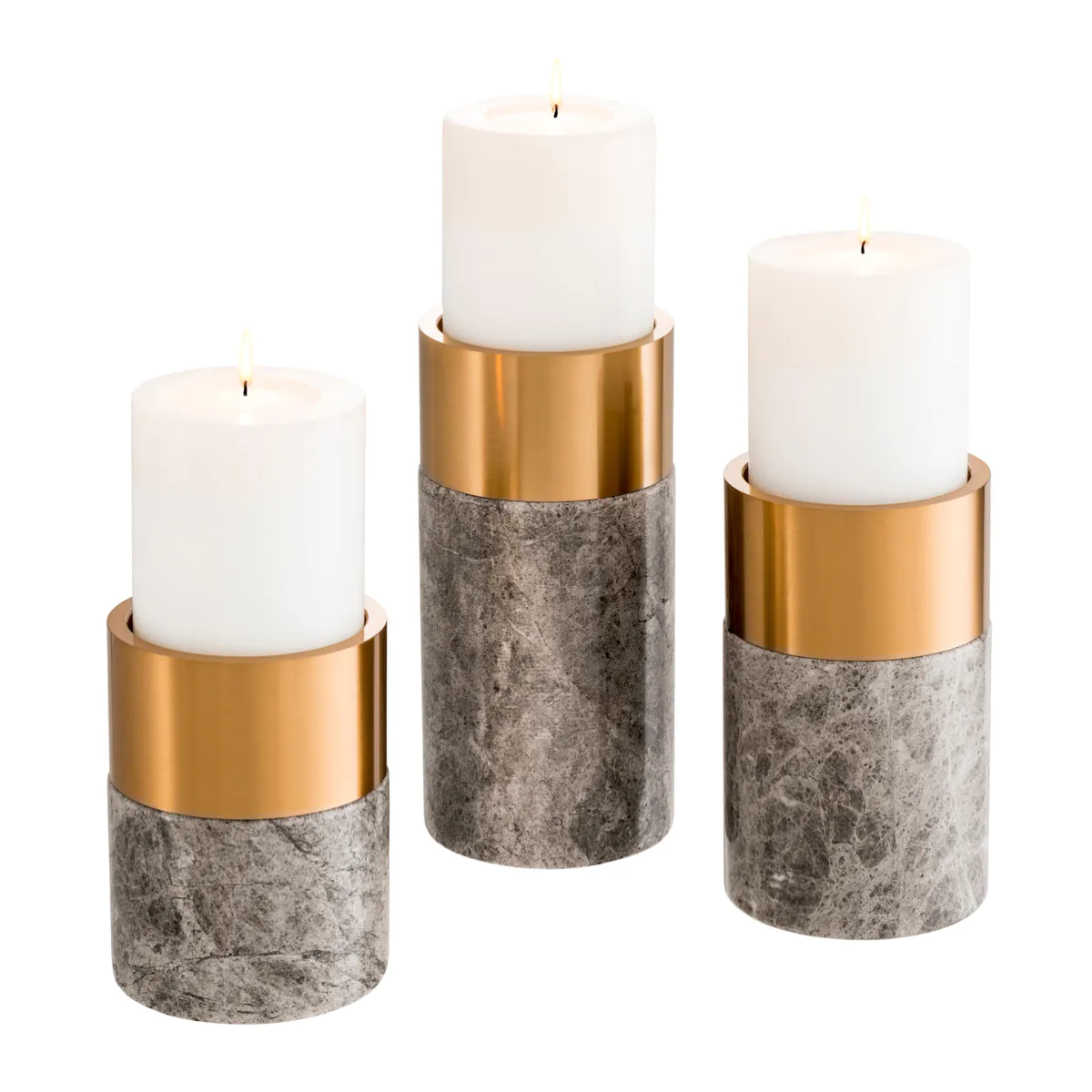 Three lit candles in decorative marble and gold holders.