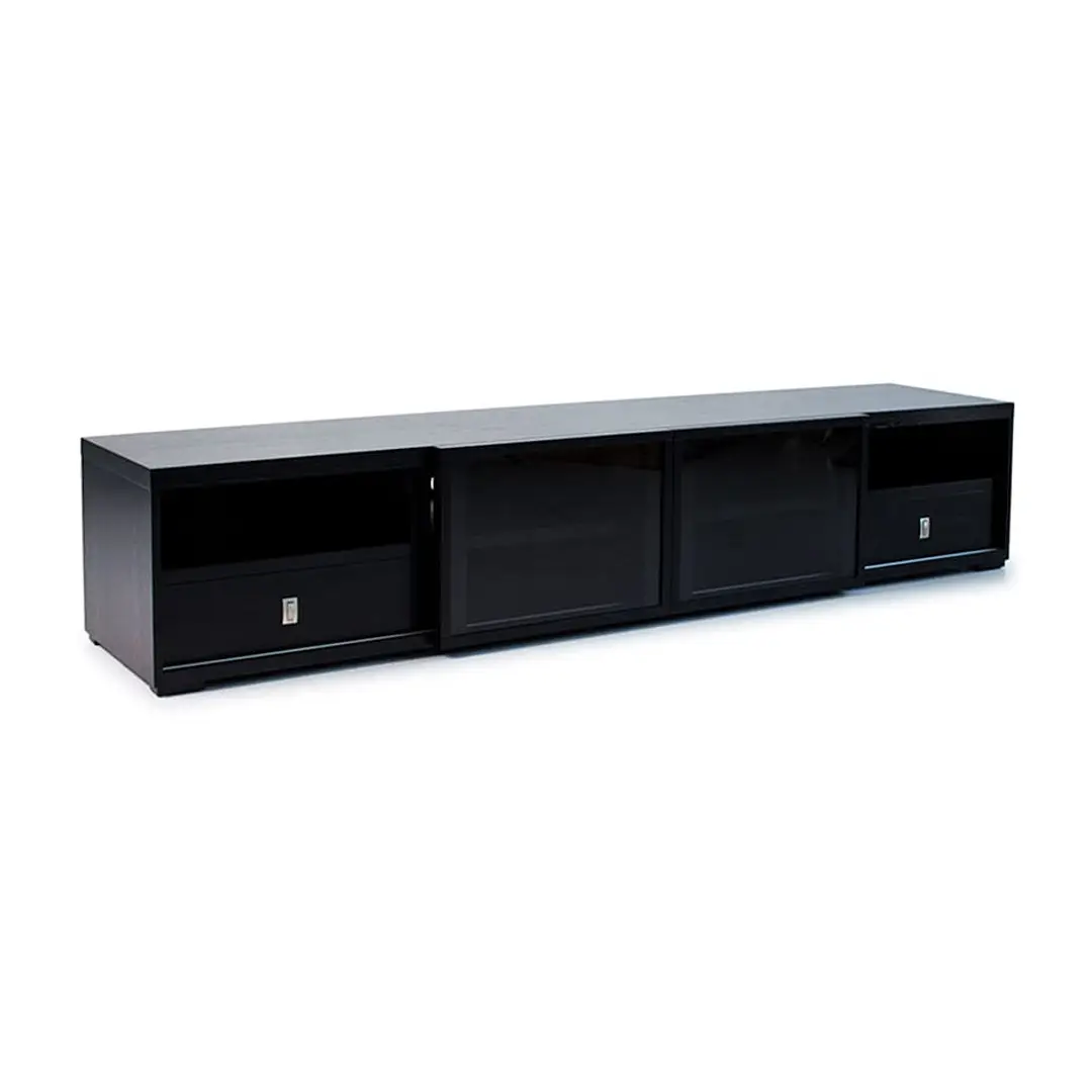 Long black modern TV stand with storage compartments