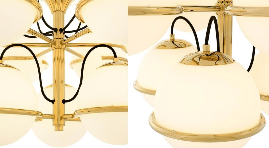 Elegant gold chandelier with white glass lamps
