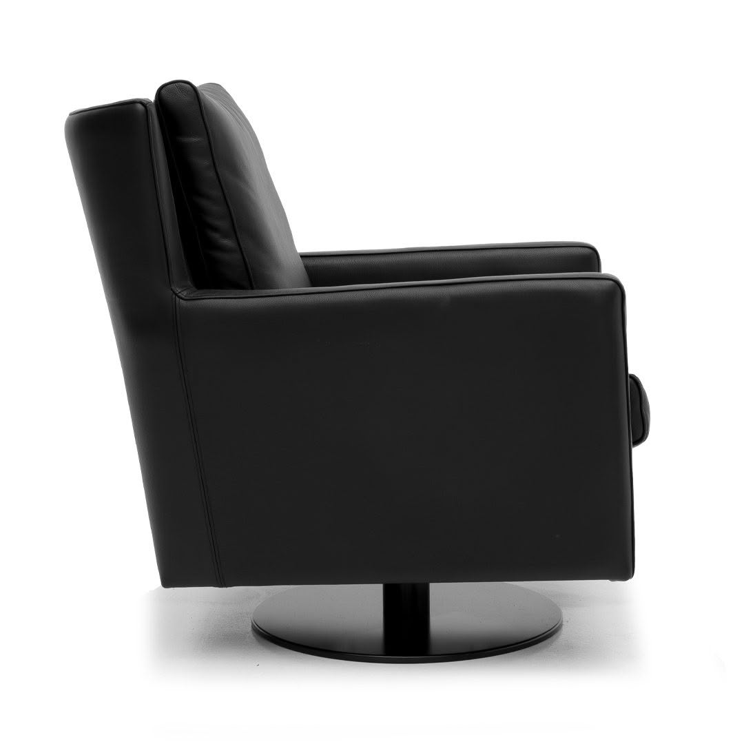 Coupe-swivel-Armchair-5 Black leather swivel chair on white background