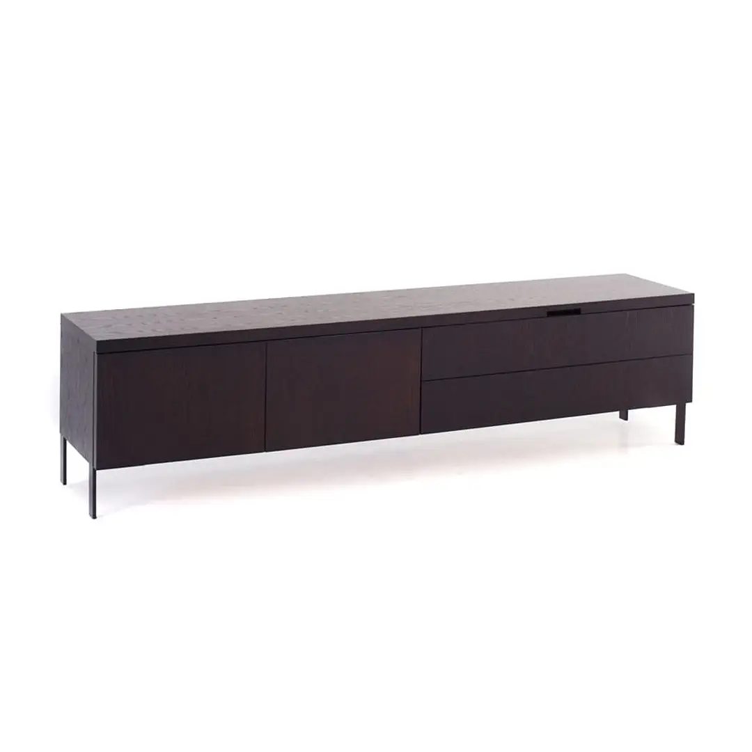 Low modern black TV stand with multiple drawers