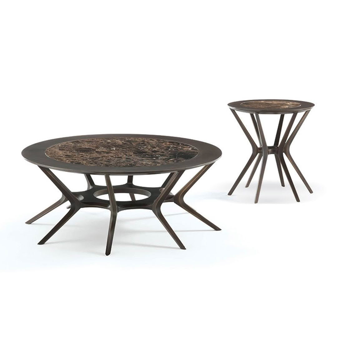 Two modern nesting tables with artistic tops