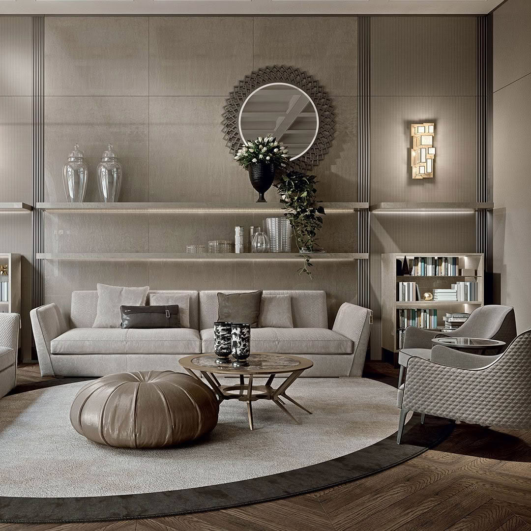 Elegant neutral-toned living room with modern furniture