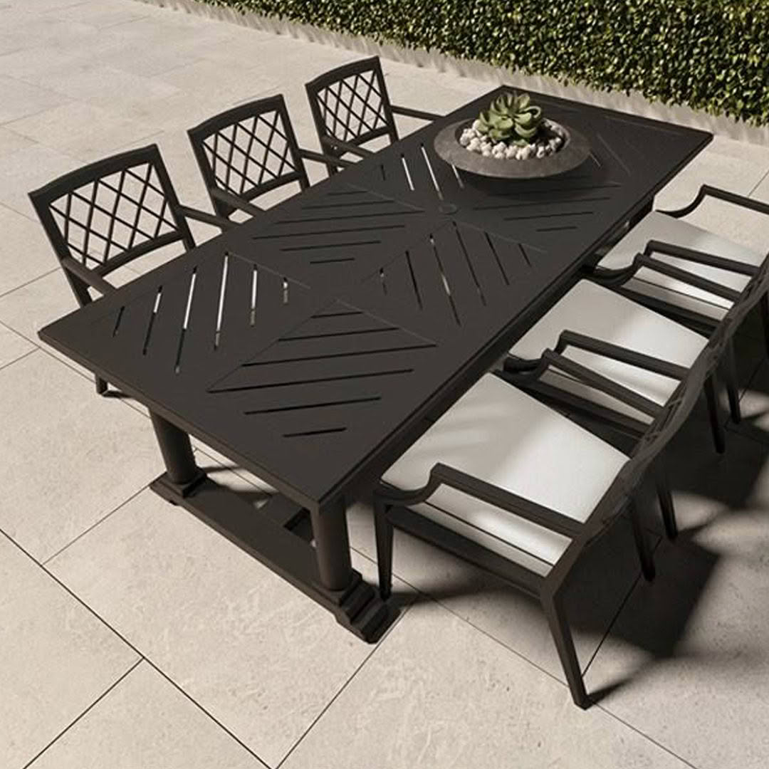 Modern outdoor dining set with decorative table and chairs