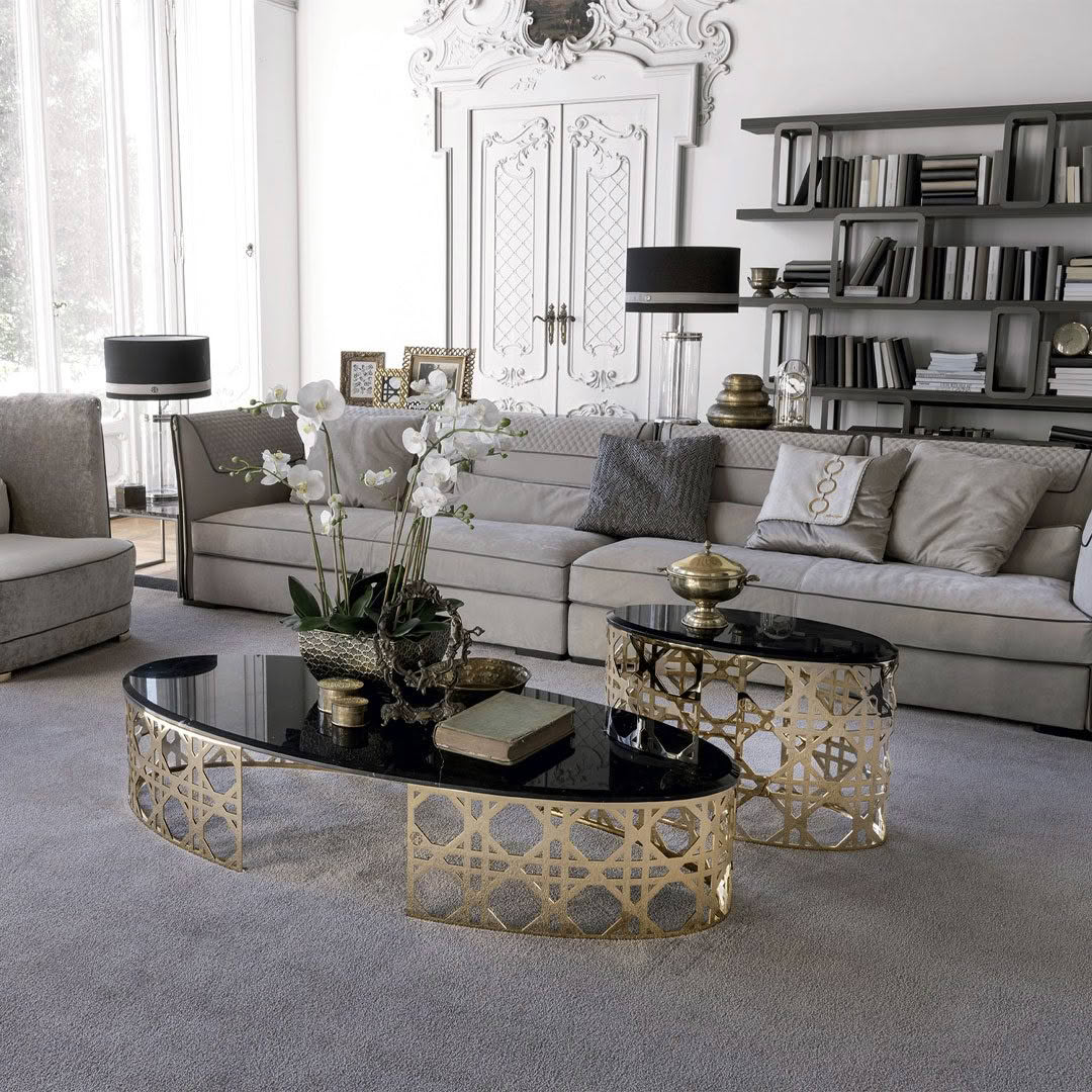 Elegant living room with luxurious gold and black decor