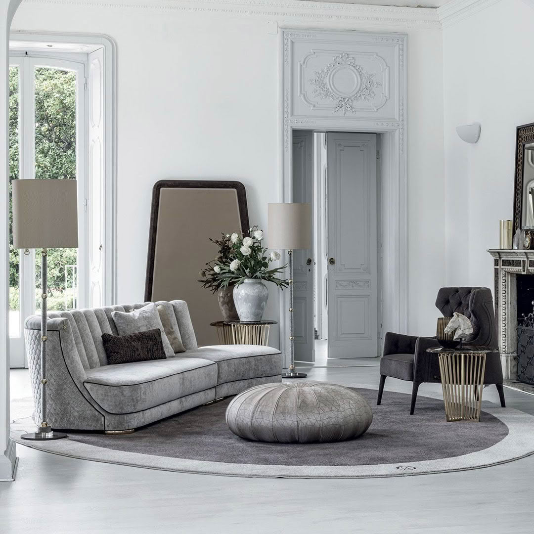 Farnese-sofa-3 Elegant living room with luxurious gray furniture and decor