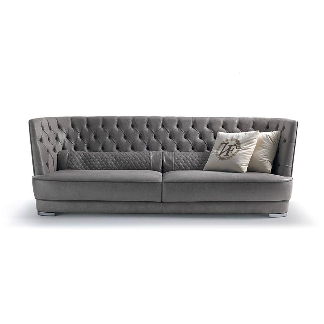 Elegant grey tufted sofa with cushions