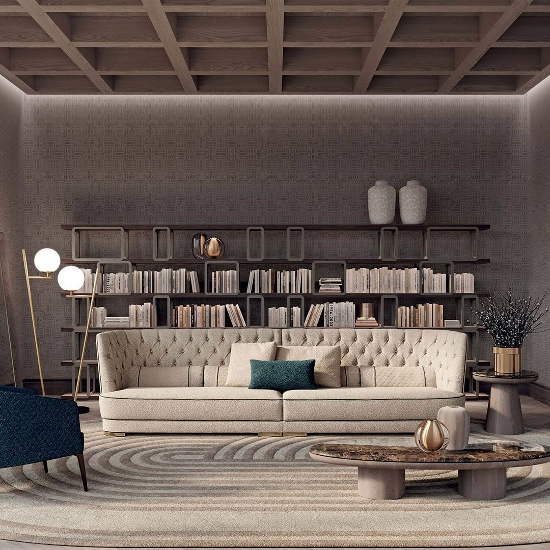 Elegant living room with bookshelves and chic decor
