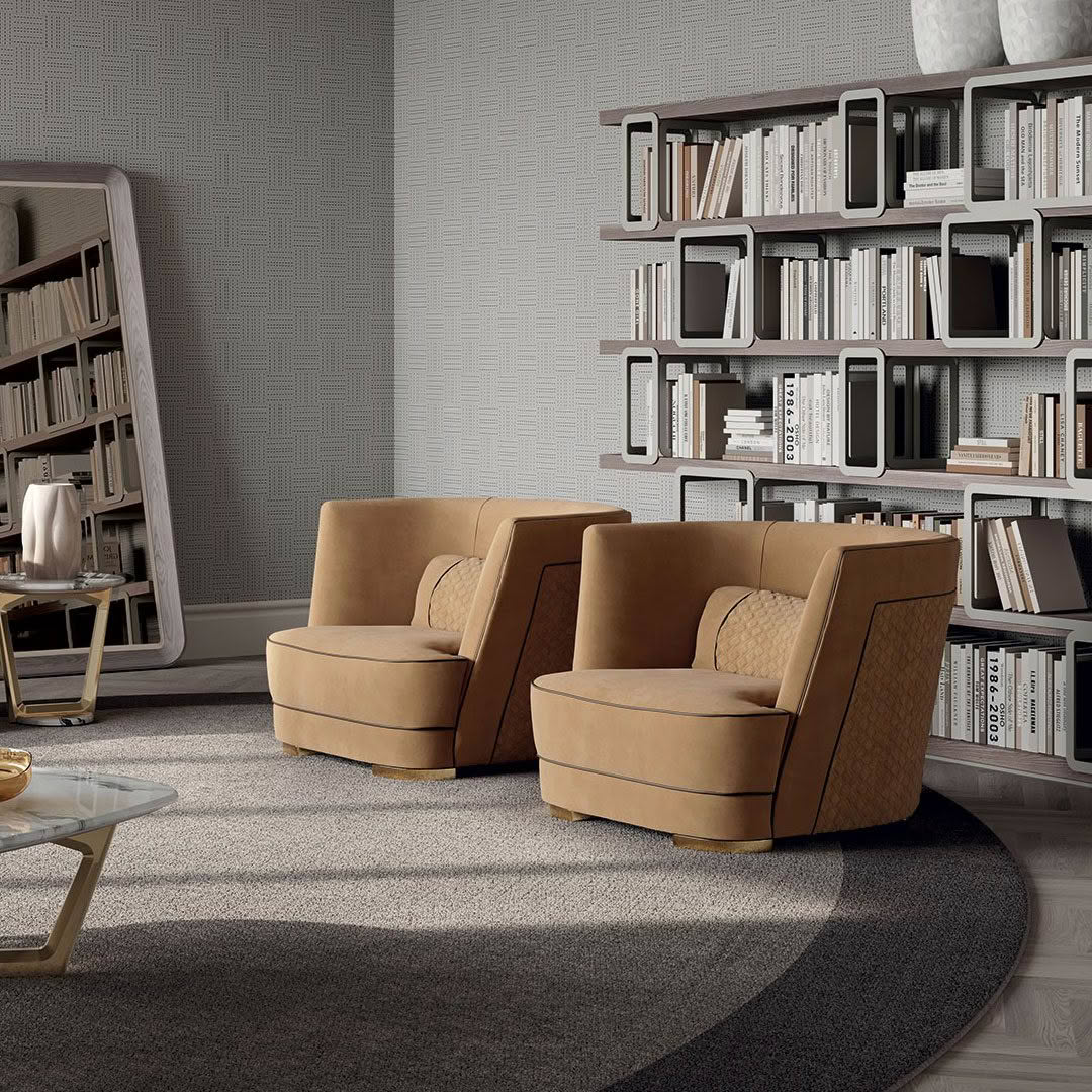 Modern living room with stylish chairs and bookshelves