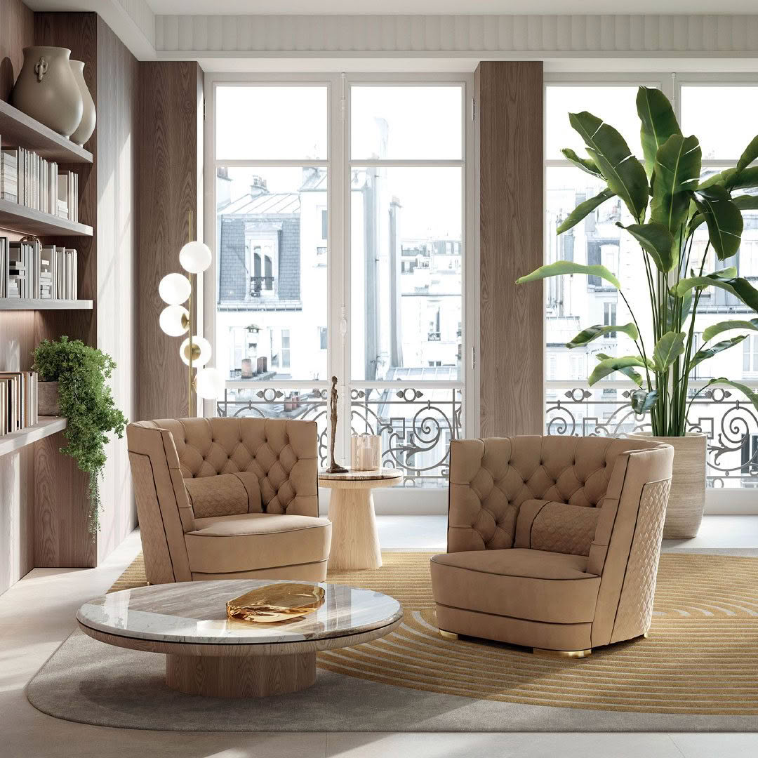 Elegant living room with large windows and stylish decor