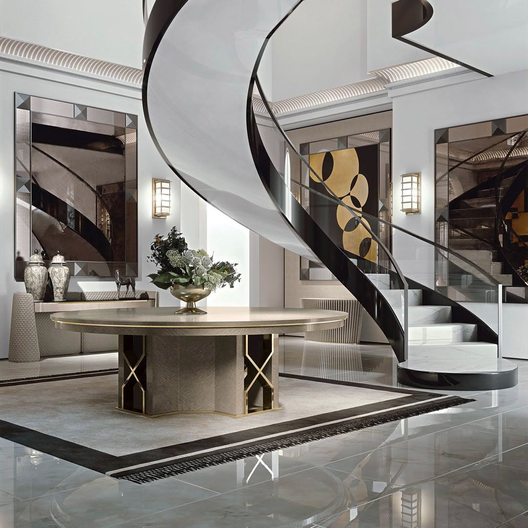 Grimaldi Luxurious interior with elegant spiral staircase and modern decor