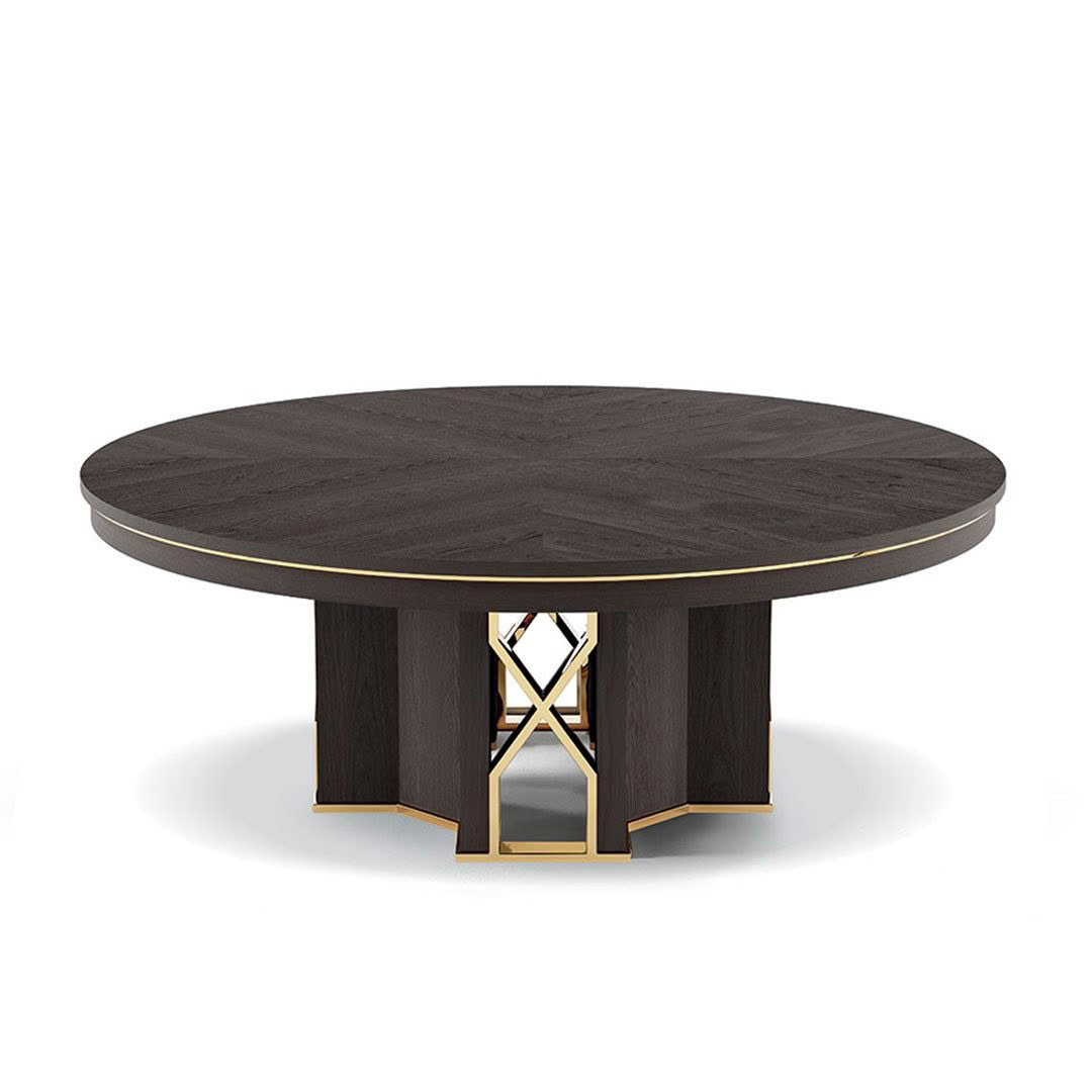 Round black wooden table with golden accents