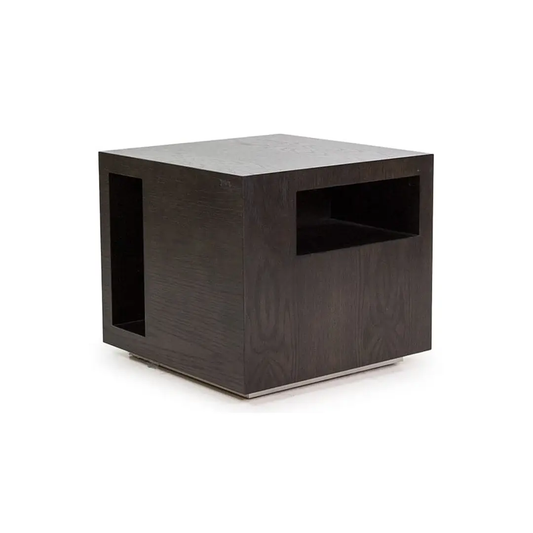 Dark wooden cube-shaped side table with open storage