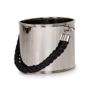 Silver ice bucket with black rope handle