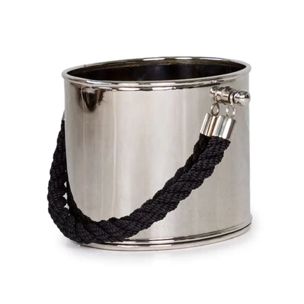 Silver ice bucket with black rope handle