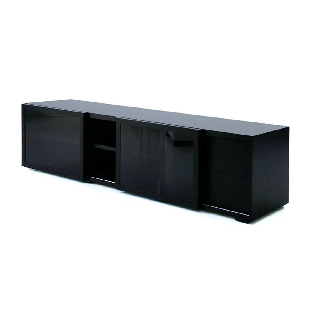 Modern black low-profile TV stand with storage compartments