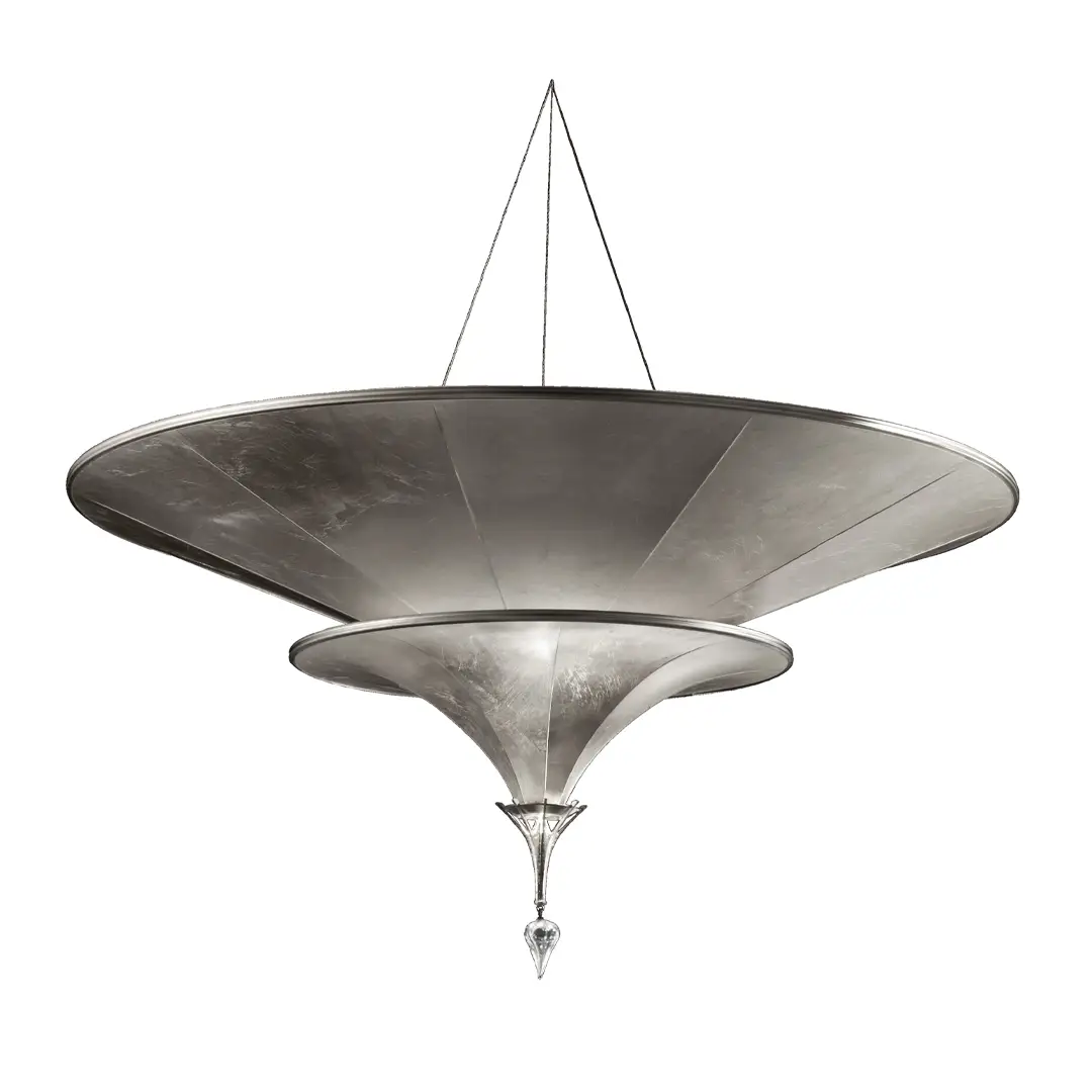 Large metallic UFO-shaped hanging light fixture