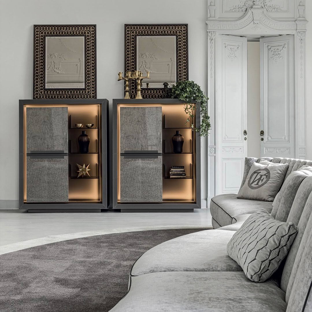 Elegant living room with modern decor and illuminated shelves